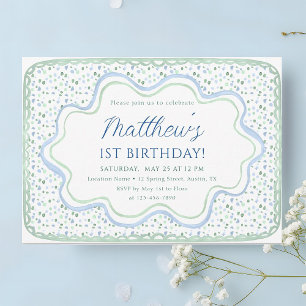 Invitation Aquarelle Bleu et Sage Vert 1er anniversaire fête