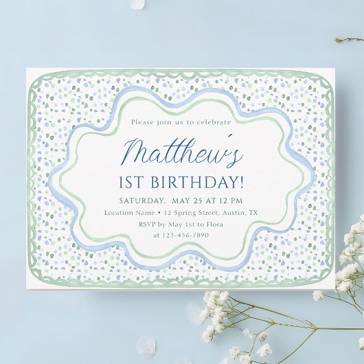 Invitation Aquarelle Bleu et Sage Vert 1er anniversaire fête