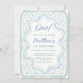 Invitation Aquarelle Bleu et Sage Vert 1er Anniversaire Photo (Devant)