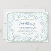 Invitation Aquarelle Bleu et Sage Vert 1er Anniversaire Photo (Devant)