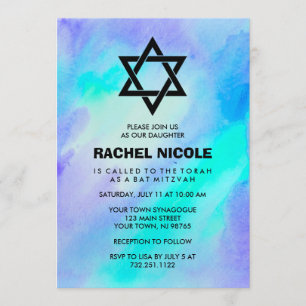 Invitation Aquarelle bleu et turquoise Bat mitzvah