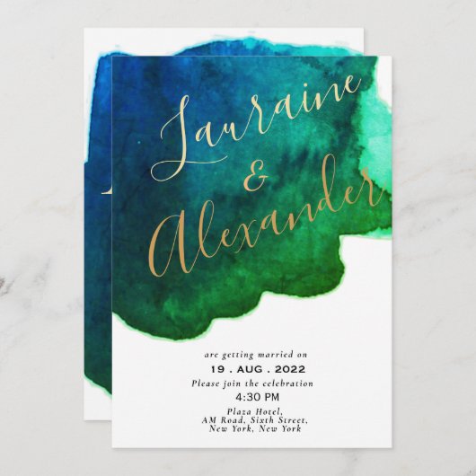 Invitation Aquarelle bleu et vert couleur encre abstraite (Devant / Derrière)
