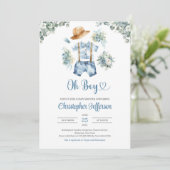 Invitation Aquarelle bleu et vert eucalyptus vêtements garçon (Debout devant)