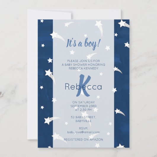 Invitation Aquarelle bleu étoile Monogramme Baby shower Garço (Devant)