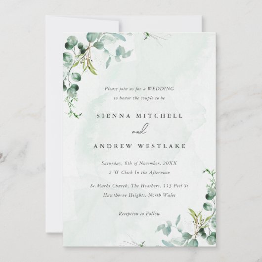 Invitation Aquarelle bleu Eucalyptus Mariage vert (Devant)