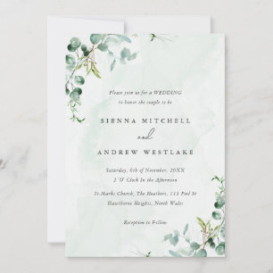 Invitation Aquarelle bleu Eucalyptus Mariage vert