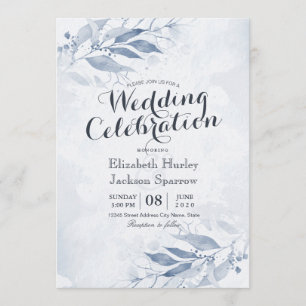 Invitation Aquarelle bleu Feuille Fleurs Mariage botanique
