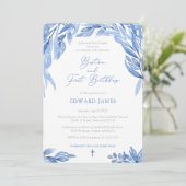 Invitation Aquarelle Bleu Feuilles Garçon Baptême 1er anniver (Debout devant)