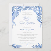 Invitation Aquarelle Bleu Feuilles Garçon Baptême 1er anniver (Devant)
