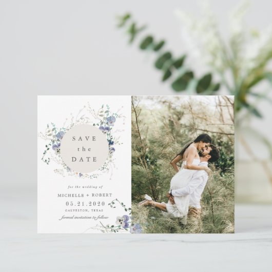 Invitation Aquarelle Bleu Fleur sauvage Deux photos Enregistr (Debout devant)