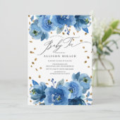 Invitation Aquarelle Bleu Fleurs Baby shower Thé (Debout devant)