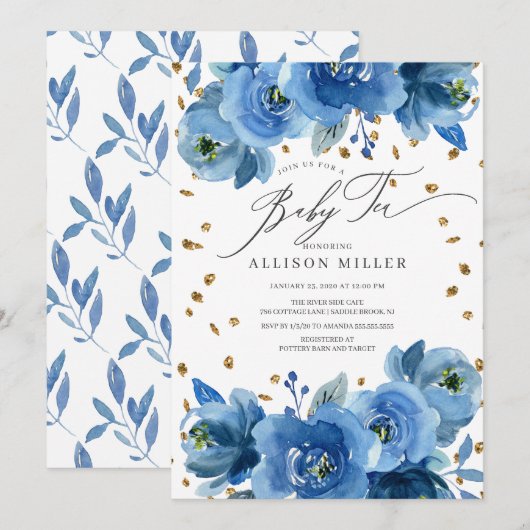 Invitation Aquarelle Bleu Fleurs Baby shower Thé (Devant / Derrière)