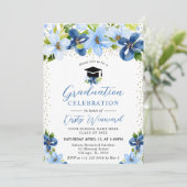Invitation Aquarelle Bleu Fleurs d'été Graduation (Debout devant)