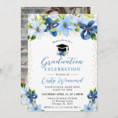 Invitation Aquarelle Bleu Fleurs d'été Graduation (Devant / Derrière)