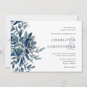 Invitation aquarelle bleu fleurs d'indigo horizontale mariage (Devant)