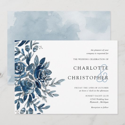 Invitation aquarelle bleu fleurs d'indigo horizontale mariage (Devant / Derrière)