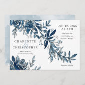 Invitation aquarelle bleu fleurs d'indigo horizontale mariage (Devant / Derrière)