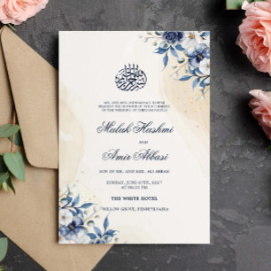 Invitation Aquarelle bleu Fleurs Mariage musulman islamique