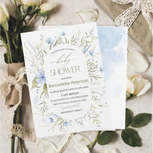Invitation Aquarelle Bleu Fleurs sauvages BabyInvitation