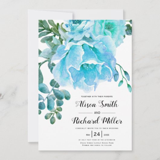 Invitation Aquarelle bleu fleurs script typographie mariage (Devant)