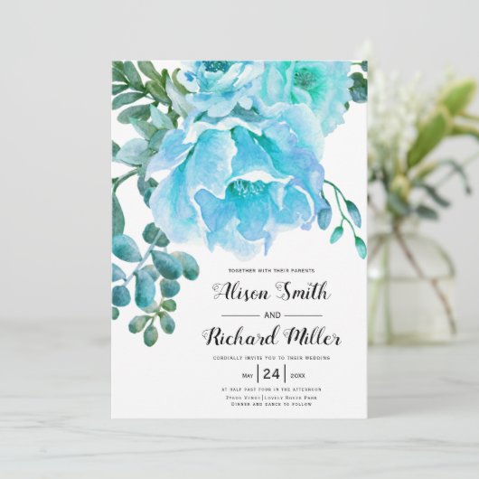 Invitation Aquarelle bleu fleurs script typographie mariage (Debout devant)