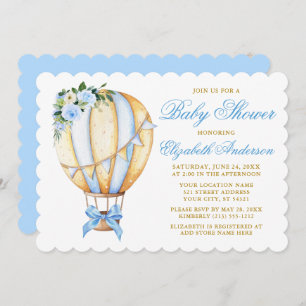 Invitation Aquarelle Bleu Floral Air Balloon Bow Baby shower