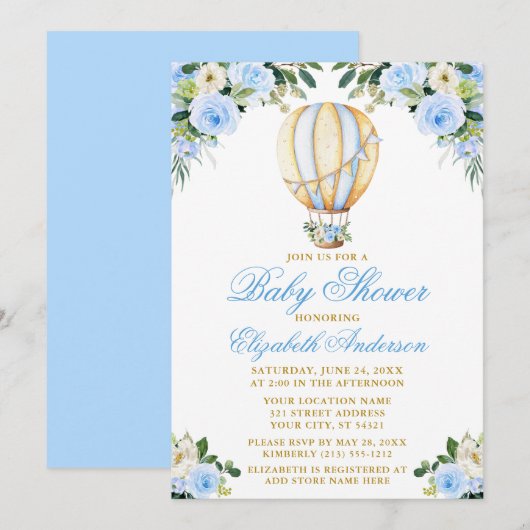 Invitation Aquarelle Bleu Floral Baby shower à bulle à air ch (Devant / Derrière)