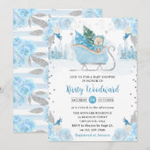 Invitation Aquarelle Bleu Floral Baby shower d'ours d'hiver (Devant / Derrière)