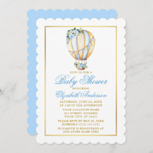 Invitation Aquarelle Bleu Floral Baby shower Or