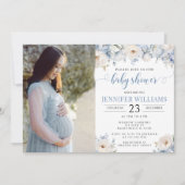 Invitation Aquarelle bleu floral bébé garçon douche photo (Devant)