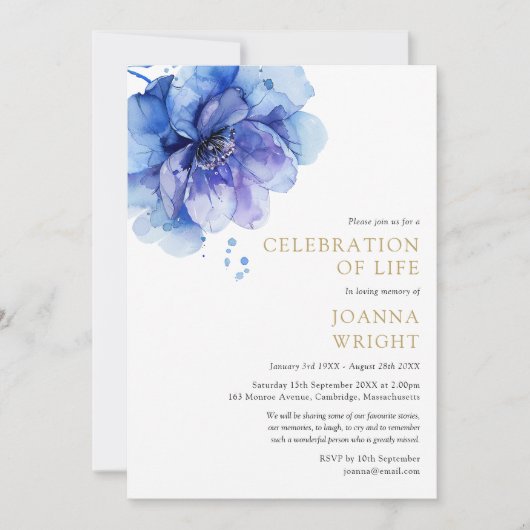 Invitation Aquarelle Bleu Floral Célébration De La Vie Funéra (Devant)