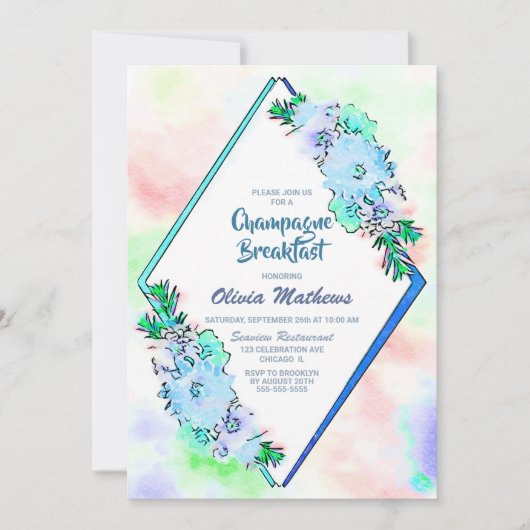 Invitation Aquarelle bleu Floral Champagne Petit déjeuner (Devant)
