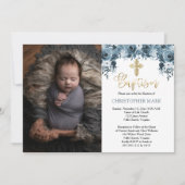 Invitation Aquarelle bleu Floral Faux Gold Boy Photo Baptême (Devant)