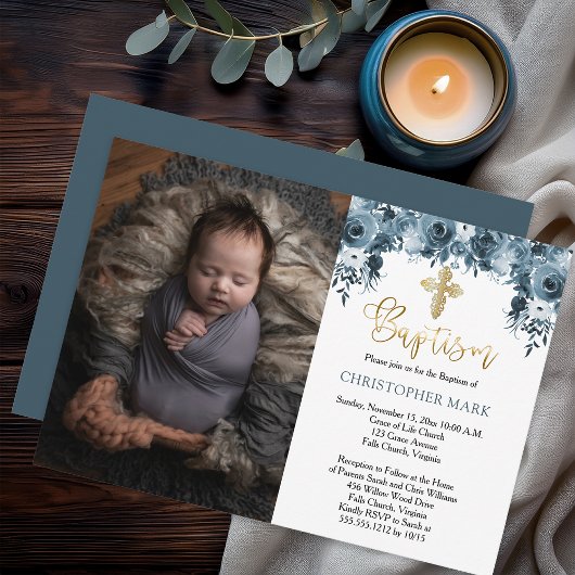 Invitation Aquarelle bleu Floral Faux Gold Boy Photo Baptême