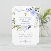 Invitation Aquarelle Bleu Floral Frame Cross Boy Baptême (Debout devant)