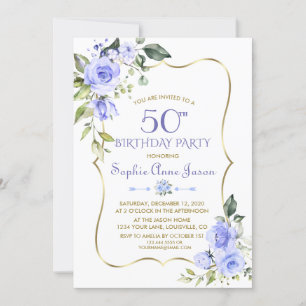 Invitation Aquarelle Bleu Floral Gold Frame 50e anniversaire