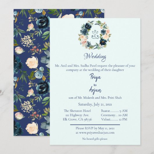 Invitation Aquarelle bleu Floral Mariage Hindu Ganesh (Devant / Derrière)