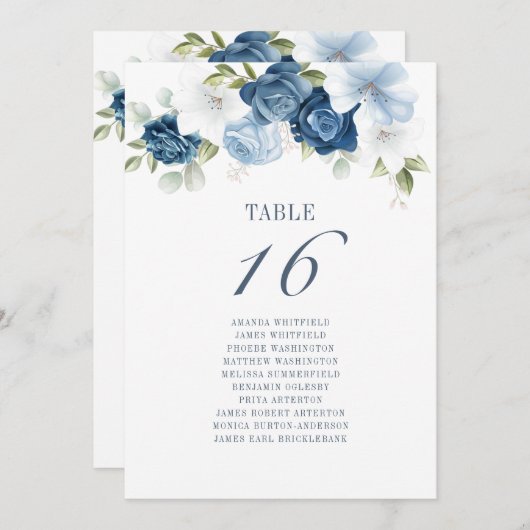 Invitation Aquarelle Bleu Floral Mariage Numéros de siège (Devant / Derrière)