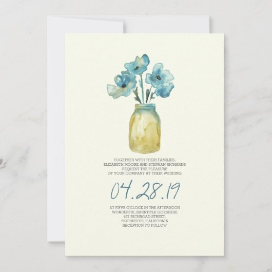 Invitation aquarelle bleu floral mason jarre mariage rustique (Devant)