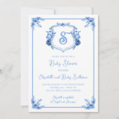 Invitation Aquarelle Bleu Floral Monogramme Crest Baby shower (Devant)