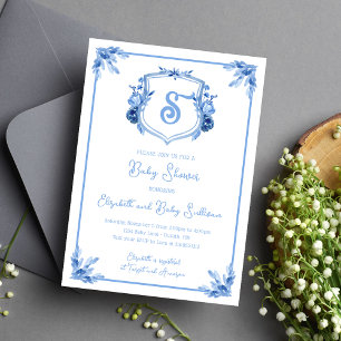 Invitation Aquarelle Bleu Floral Monogramme Crest Baby shower