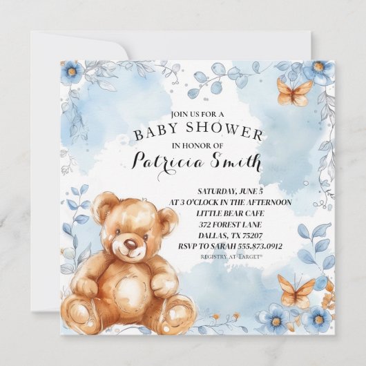 Invitation Aquarelle Bleu Floral Teddy Bear Baby shower (Devant)