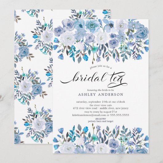 Invitation Aquarelle Bleu Floral Thé nuptial (Devant / Derrière)