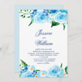 Invitation Aquarelle Bleu Floral Verdure Mariage clair (Devant / Derrière)