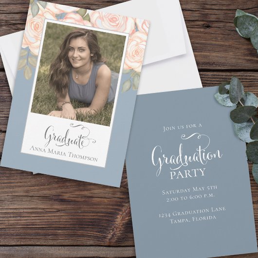 Invitation Aquarelle bleu foncé Blush Photo Graduation
