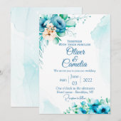 Invitation Aquarelle bleu foncé Boho floral (Devant / Derrière)