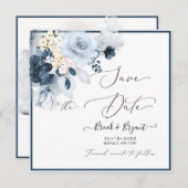 Invitation Aquarelle bleu foncé Fleurs de marine (Devant / Derrière)