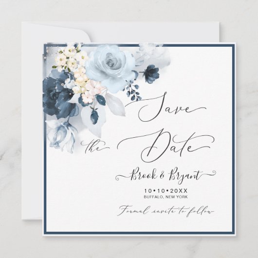 Invitation Aquarelle bleu foncé Fleurs de marine (Devant)