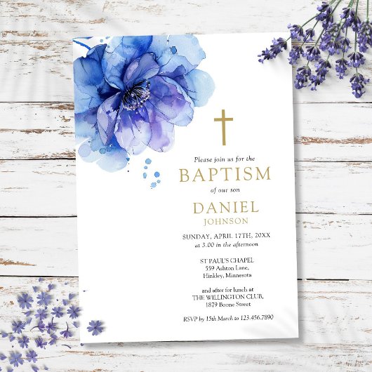 Invitation Aquarelle bleu foncé moderne Baptême floral