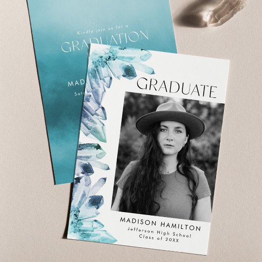 Invitation Aquarelle bleu glace Crystal Photo Graduation Part